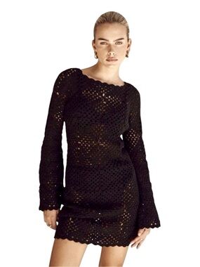 Dissh Clover Crochet Mini Dress XS Black Bell Sleeve Boho Festival Minimalist